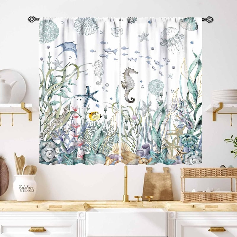 Lnepty Nautical Beach Curtains,Coastal Seahorse Undersea Animal Blue Bedroom Kids Room Drapes Treatments,Ocean Coral Summer Living Room Bathroom Window Curtains 2 Piece Set,55X39 Inch - Image 1